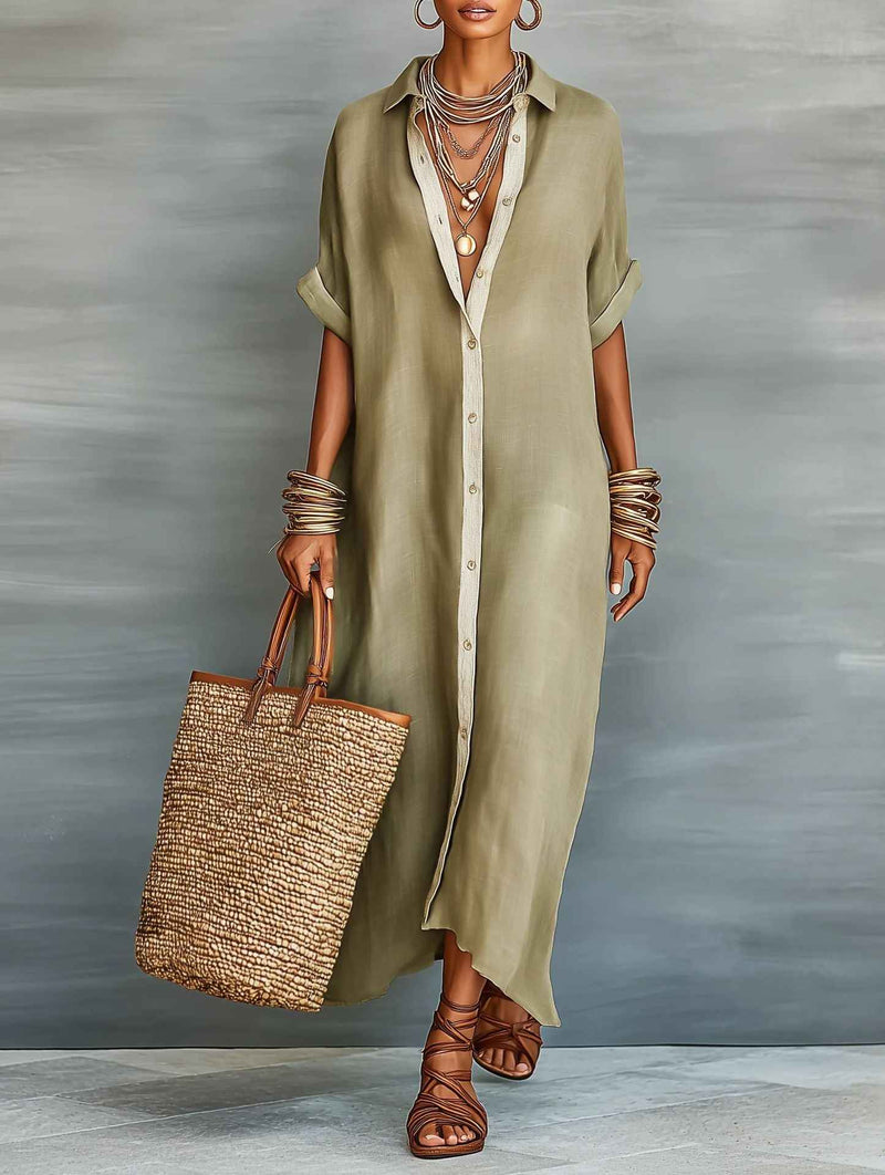 Women’s Summer Short-Sleeve Shirt Dress – Lapel Collar Button-Front Maxi Dress-2