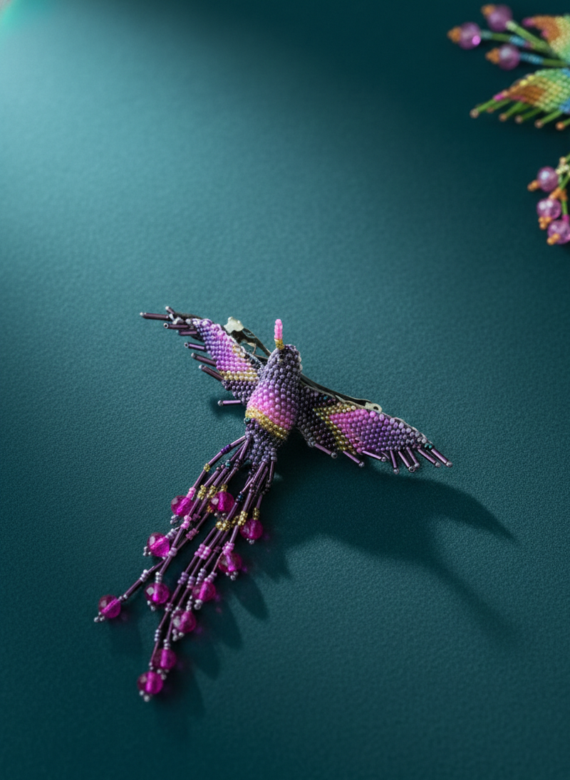 Purple yellow pink Hummingbird Barrette with Fringes-2
