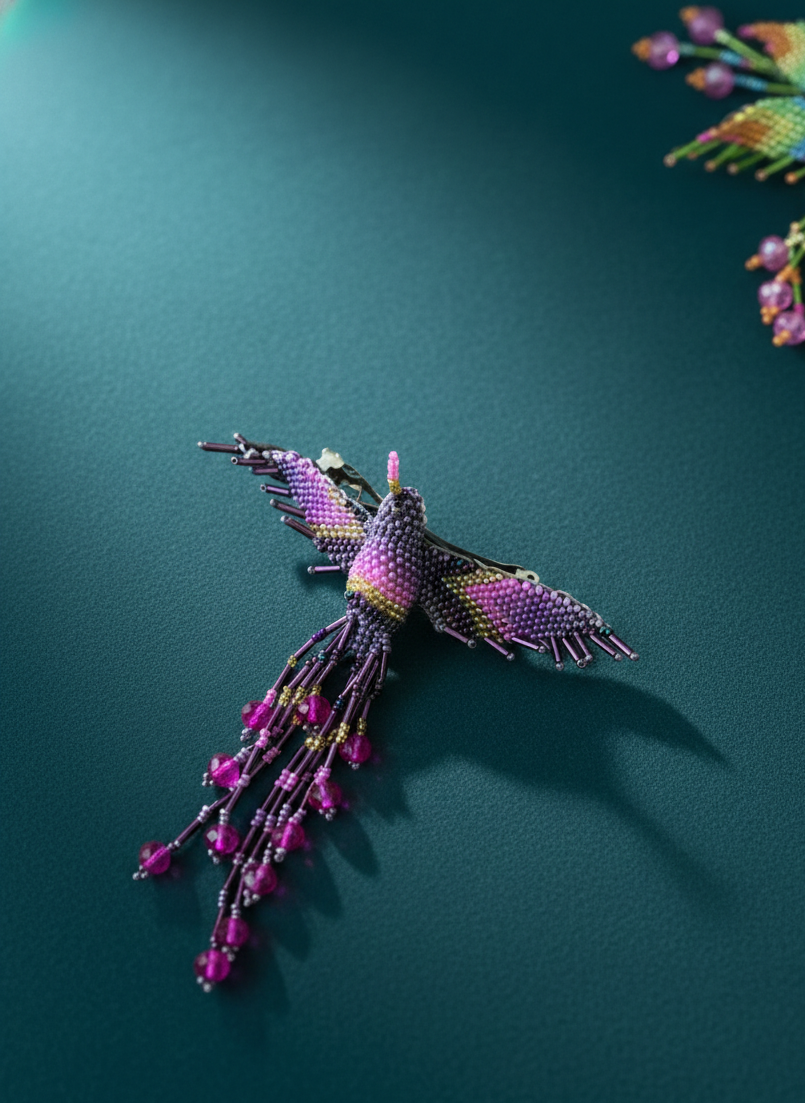 Purple yellow pink Hummingbird Barrette with Fringes-2