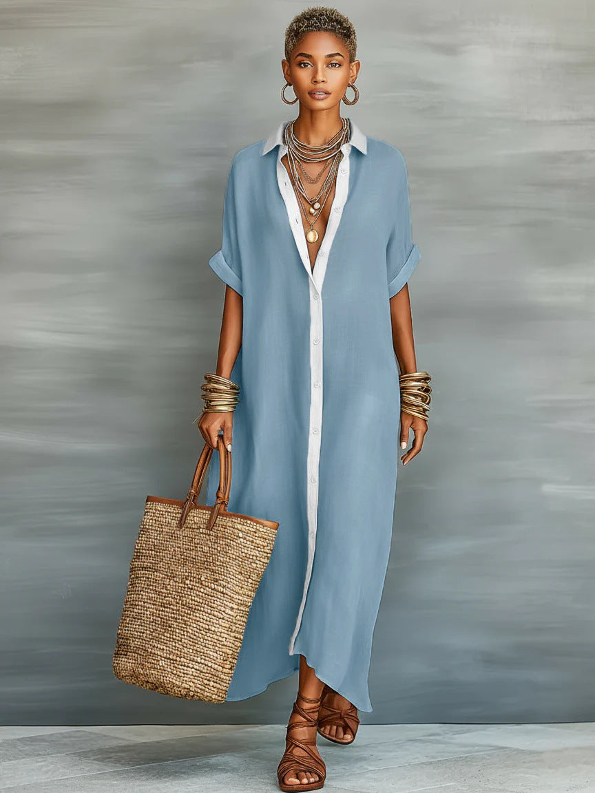 Women’s Summer Short-Sleeve Shirt Dress – Lapel Collar Button-Front Maxi Dress-9