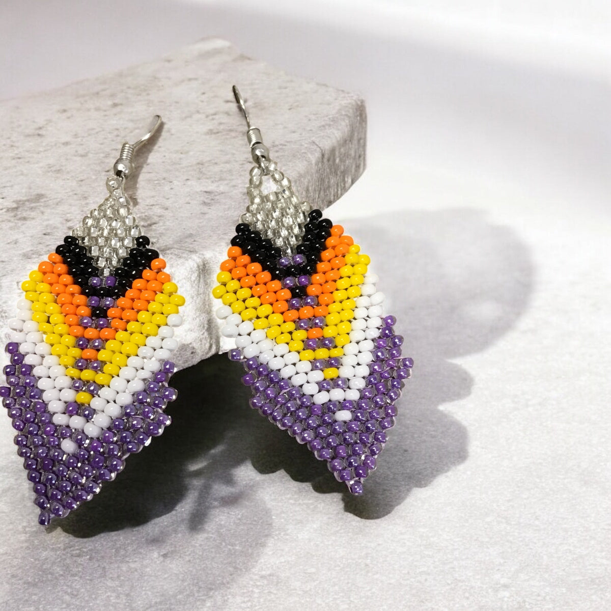 purple and silver Beaded Feather Drop Earrings-1
