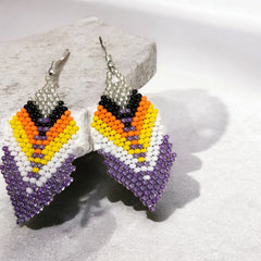 purple and silver Beaded Feather Drop Earrings-1
