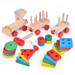 Fun Little Toys - Wooden Train Shape Sorter and Stacking Toy 25 Pcs - Ages 3+-9