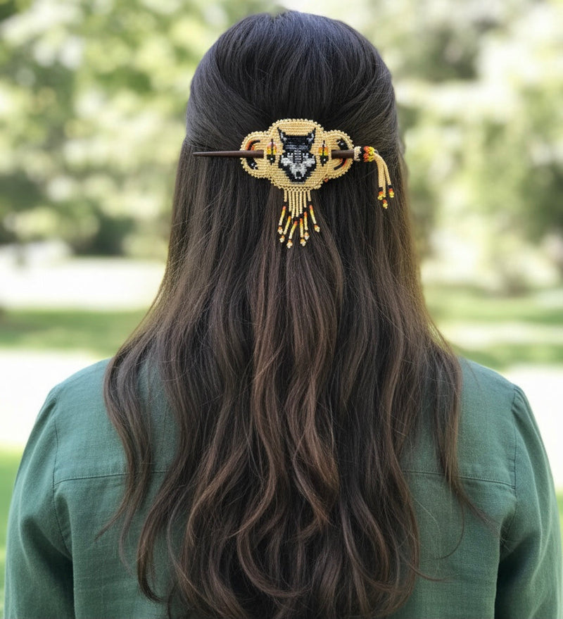 Wolf Fringed Beaded Barrette & Wooden Stick-9