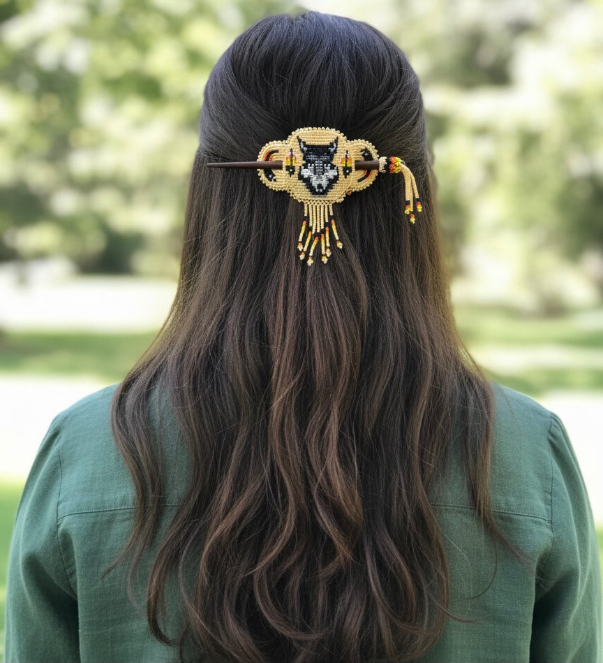 Wolf Fringed Beaded Barrette & Wooden Stick-9