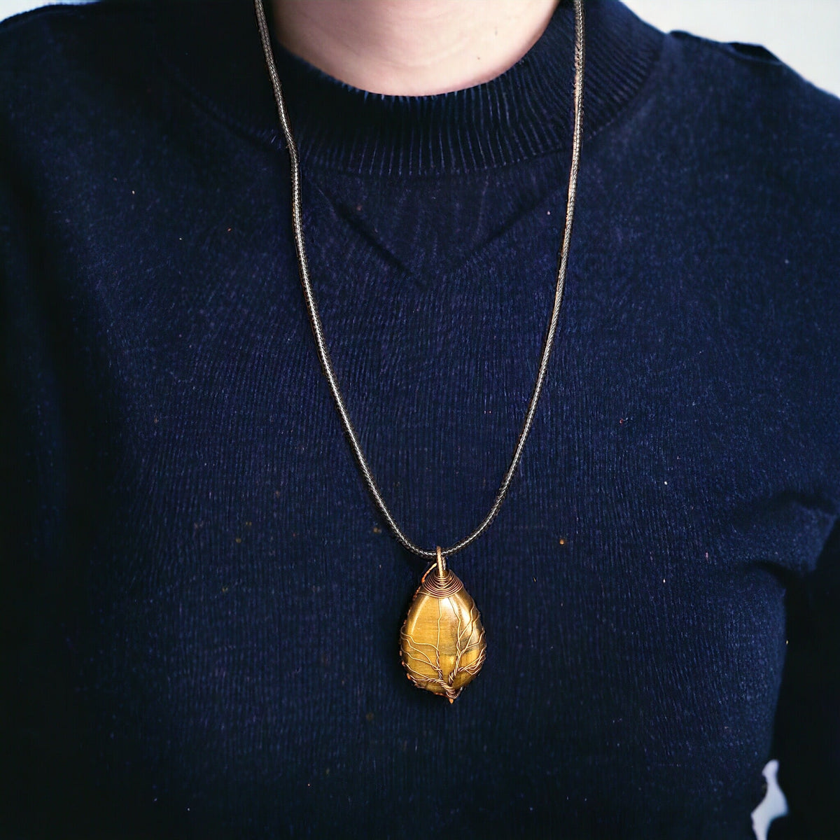 Yellow golden tiger eyes Gemstone Pendant Wrapped w/ bronze Tree of Life-1