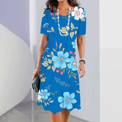 Women’s 3D Floral Print Party Dress – Blue Round-Neck Sleeveless Elegant Dress-7