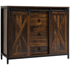 Industrial Rustic Brown Buffet Cabinet – Kitchen Sideboard with Sliding Barn Doors, 3 Drawers & Adjustable Shelves (United States & Canada Delivery Only)-7