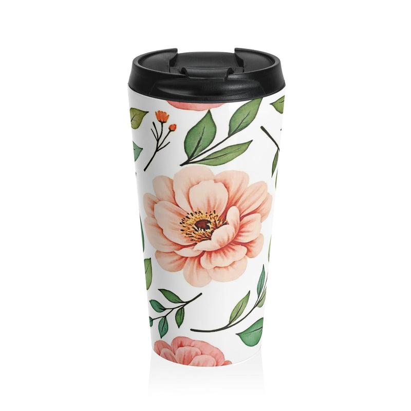 Peach Floral Pattern Stainless Steel Travel Mug | Botanical Leaves-1