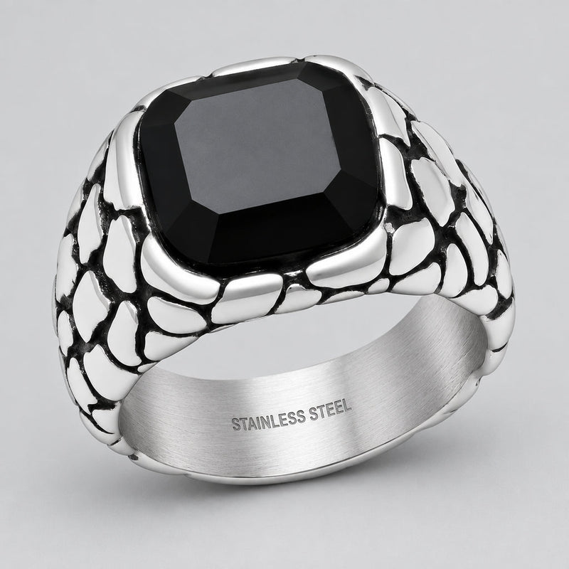 Men’s Stainless Steel Pebble Texture Signet Biker Ring-1