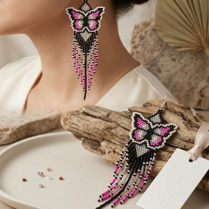 Pink / purple bead Dancing Wing Earrings-4