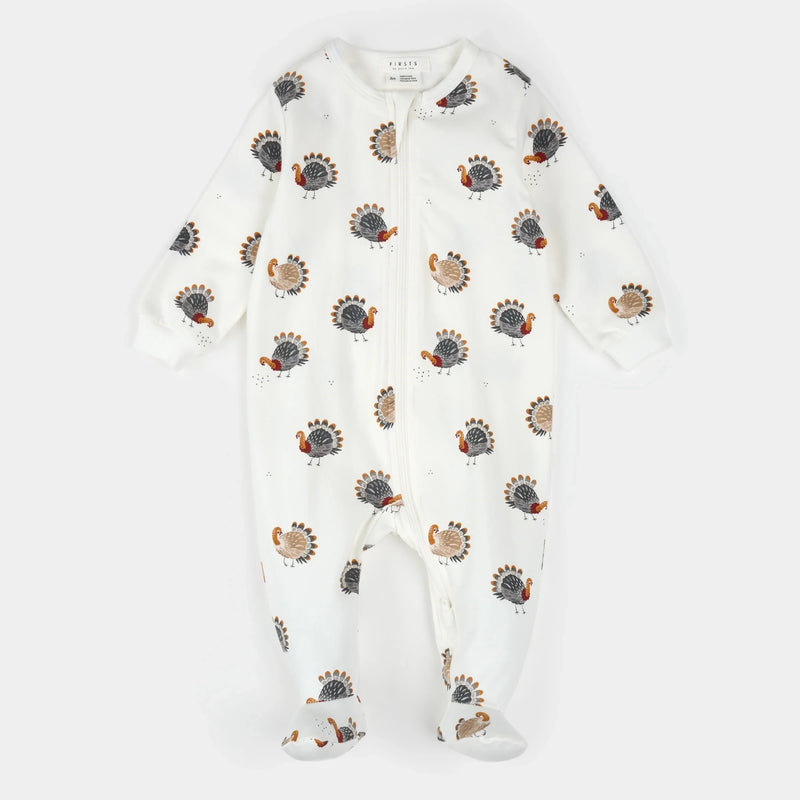 Footed Sleeper | Turkey Print on Off-White | Petit Lem-1