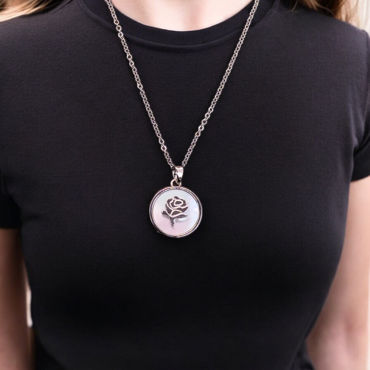 Flower Stainless Steel Necklace Pendants With Long Chain-1