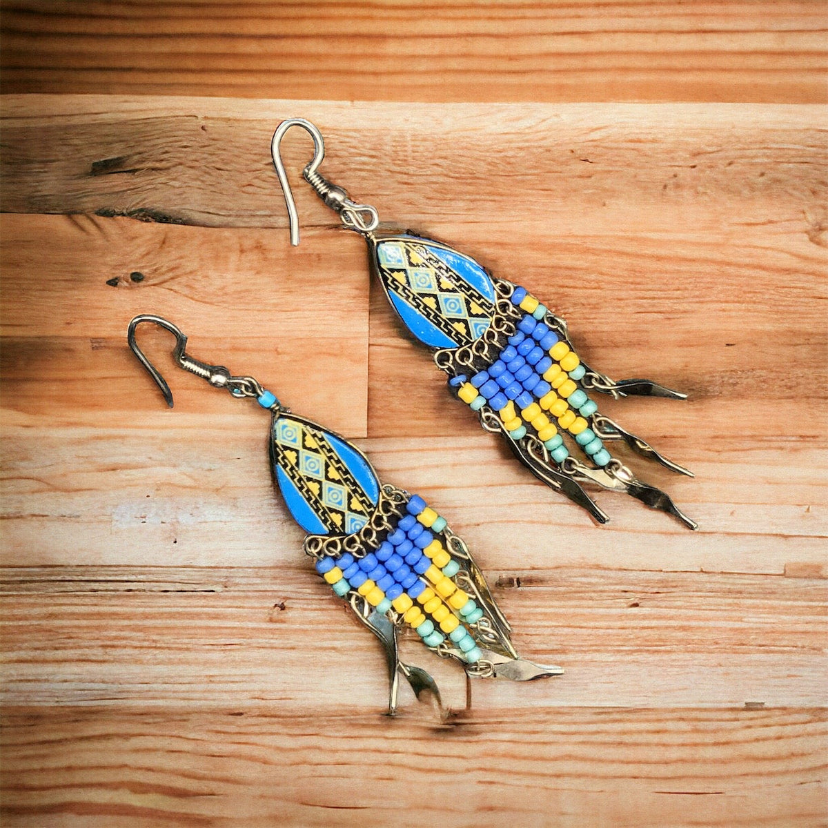 Small Sized Southwestern Blue and Yellow Teardrop Earrings-2