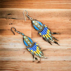 Small Sized Southwestern Blue and Yellow Teardrop Earrings-2