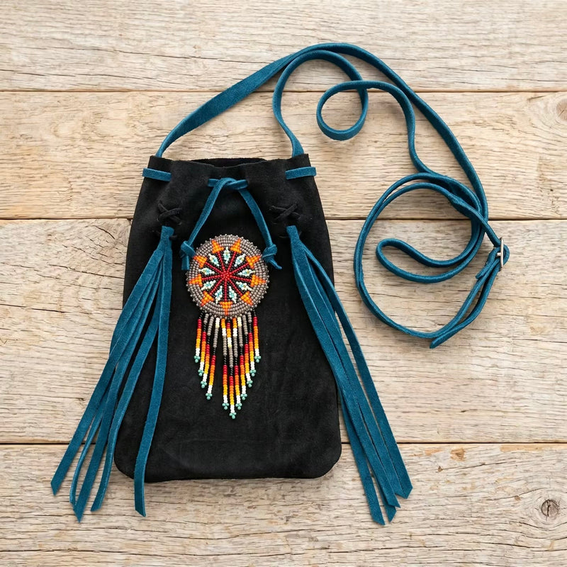 Beaded Suede Phone Pouch ~ Black turquoise-1