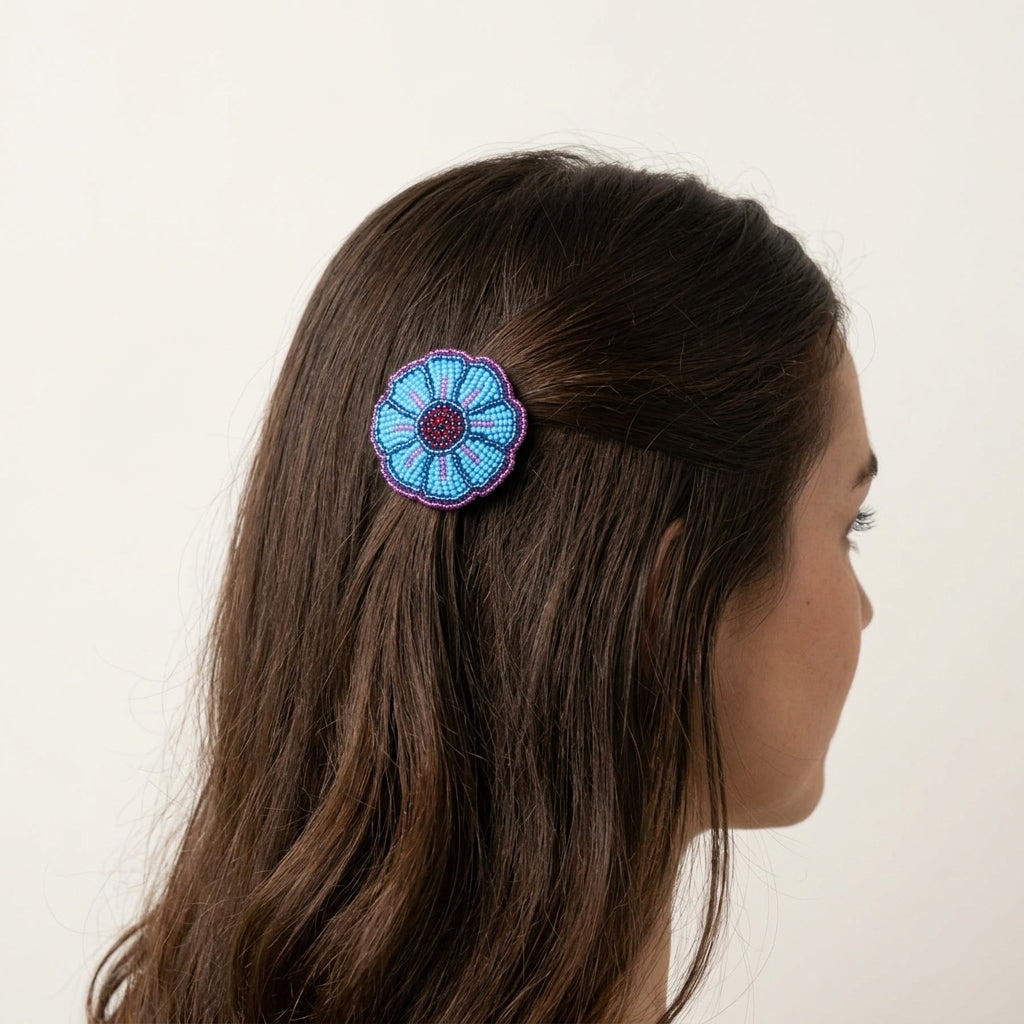 Blue Beaded Flower Barrette-1