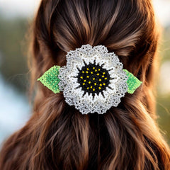 Handmade Beaded Sunflower Hair Clip- White and grey-1