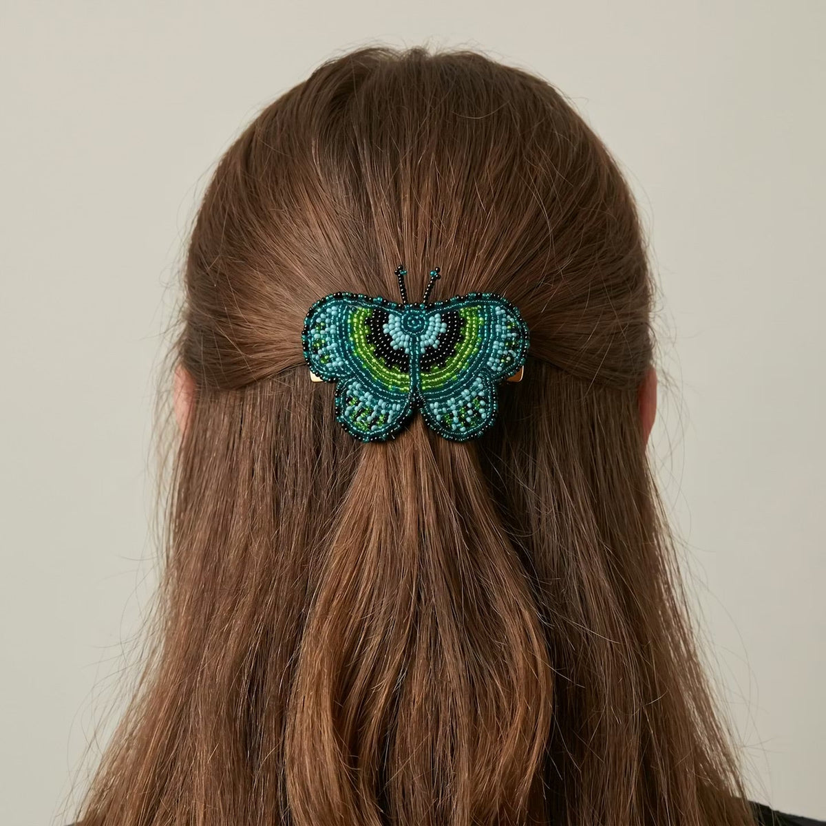 Green Butterfly Beaded Barrette-4