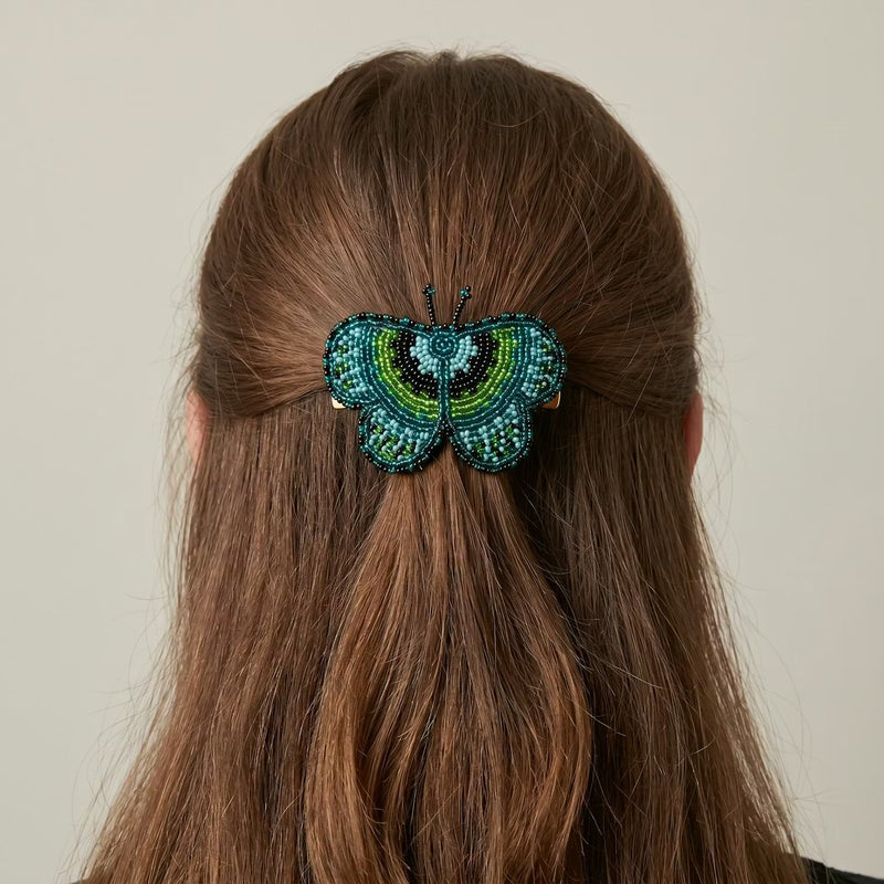 Green Butterfly Beaded Barrette-4