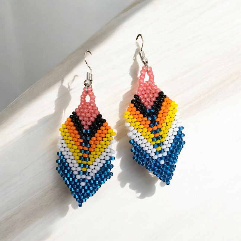Electric Blue Beaded Feather Drop Earrings-1