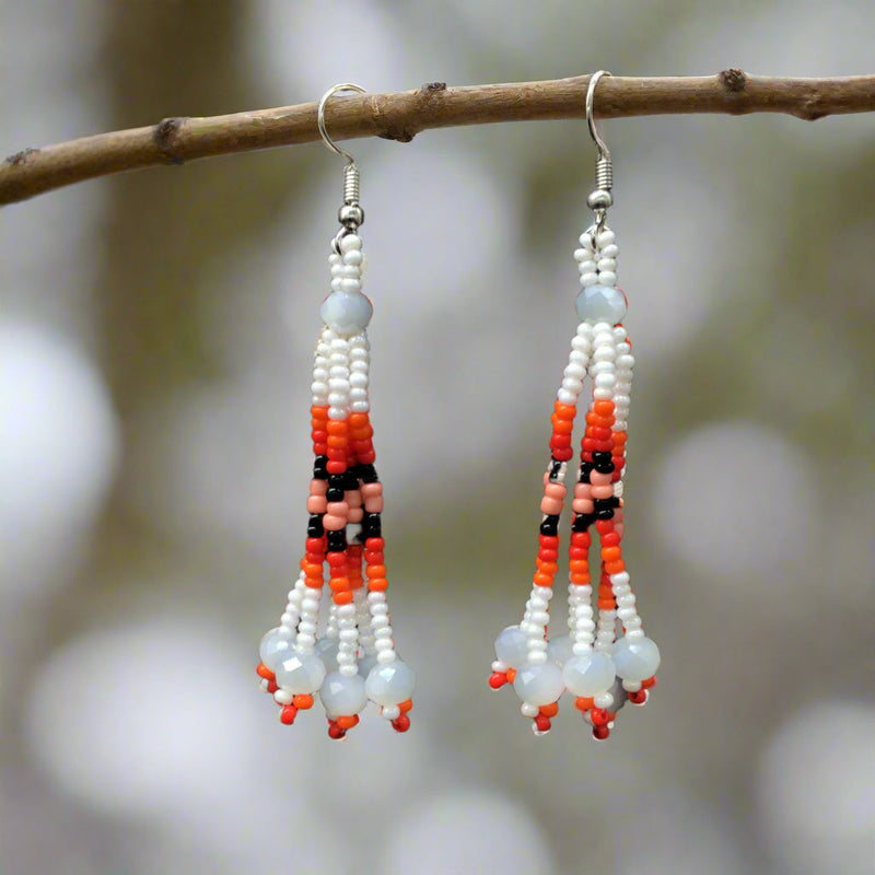 White Six-Strand Beaded Cascade Earrings-1