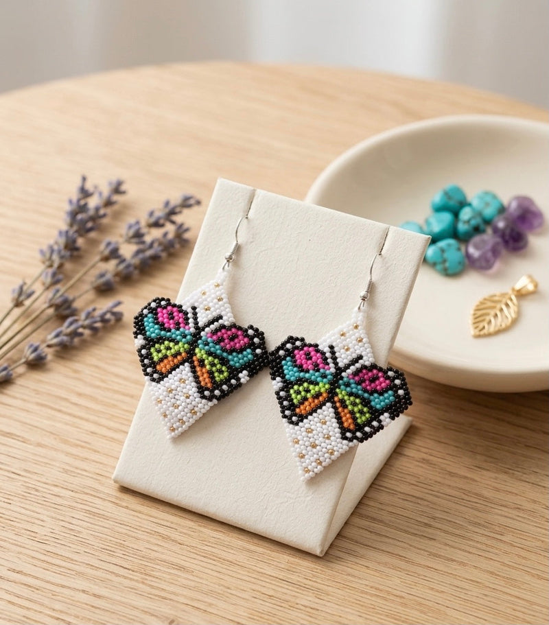 Butterfly Beaded Earrings (White)-2