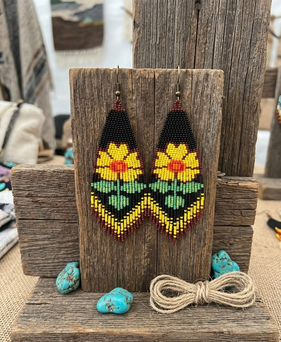Flower Beaded Earrings ( Yellow )-5
