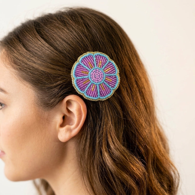 Pink/Purple Beaded Flower Barrette-1
