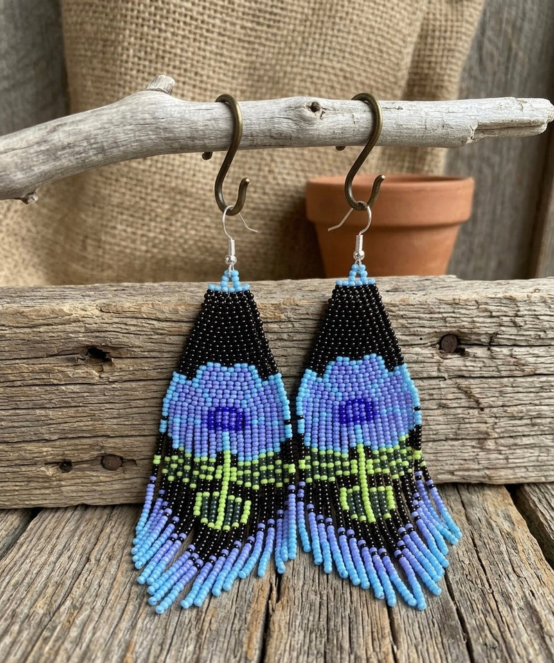 Flower Beaded Earrings ( Blue )-2