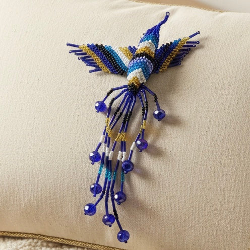 Dark blue white black Hummingbird Barrette with Fringes-2