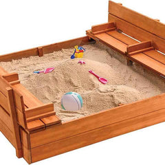 Play22 - Cedar Wood Kids Sandbox with Foldable Bench Seats - Ages 4+-1