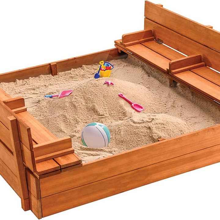 Play22 - Cedar Wood Kids Sandbox with Foldable Bench Seats - Ages 4+-1