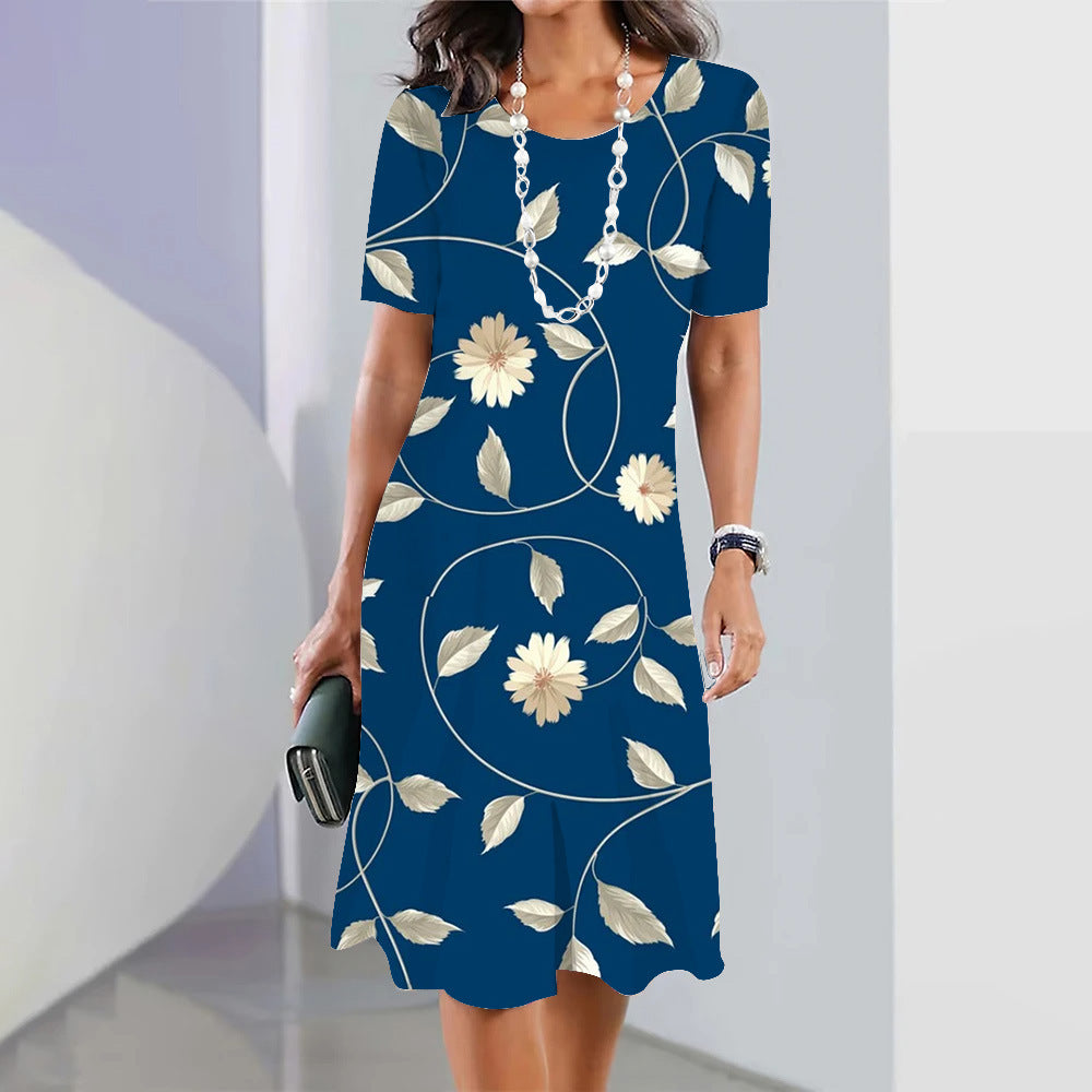 Women’s 3D Floral Print Party Dress – Blue Round-Neck Sleeveless Elegant Dress-5