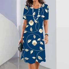 Women’s 3D Floral Print Party Dress – Blue Round-Neck Sleeveless Elegant Dress-5