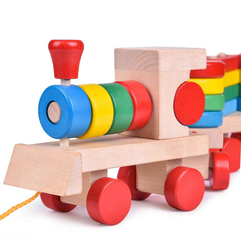 Fun Little Toys - Wooden Train Shape Sorter and Stacking Toy 25 Pcs - Ages 3+-5