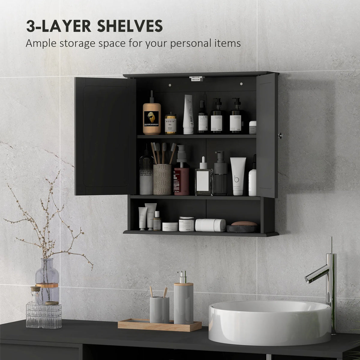Black Bathroom Medicine Cabinet with Mirror – Wall-Mounted Double-Door Storage Cabinet (United States & Canada Delivery Only)-3