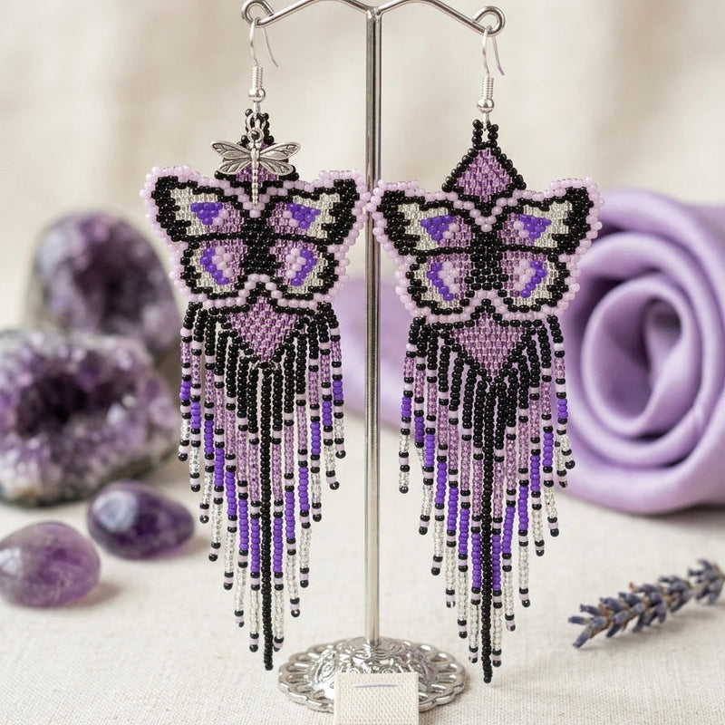 Purple Beaded Dancing Wing Earrings-5