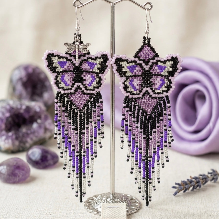 Purple Beaded Dancing Wing Earrings-5