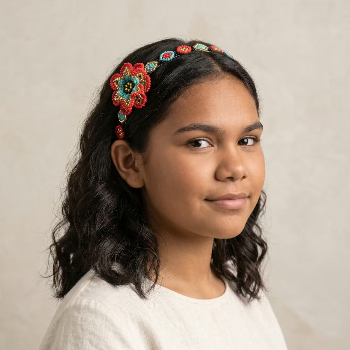 Beaded Headband with Flower Red-3
