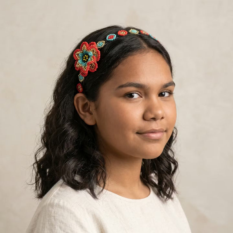 Beaded Headband with Flower Red-3