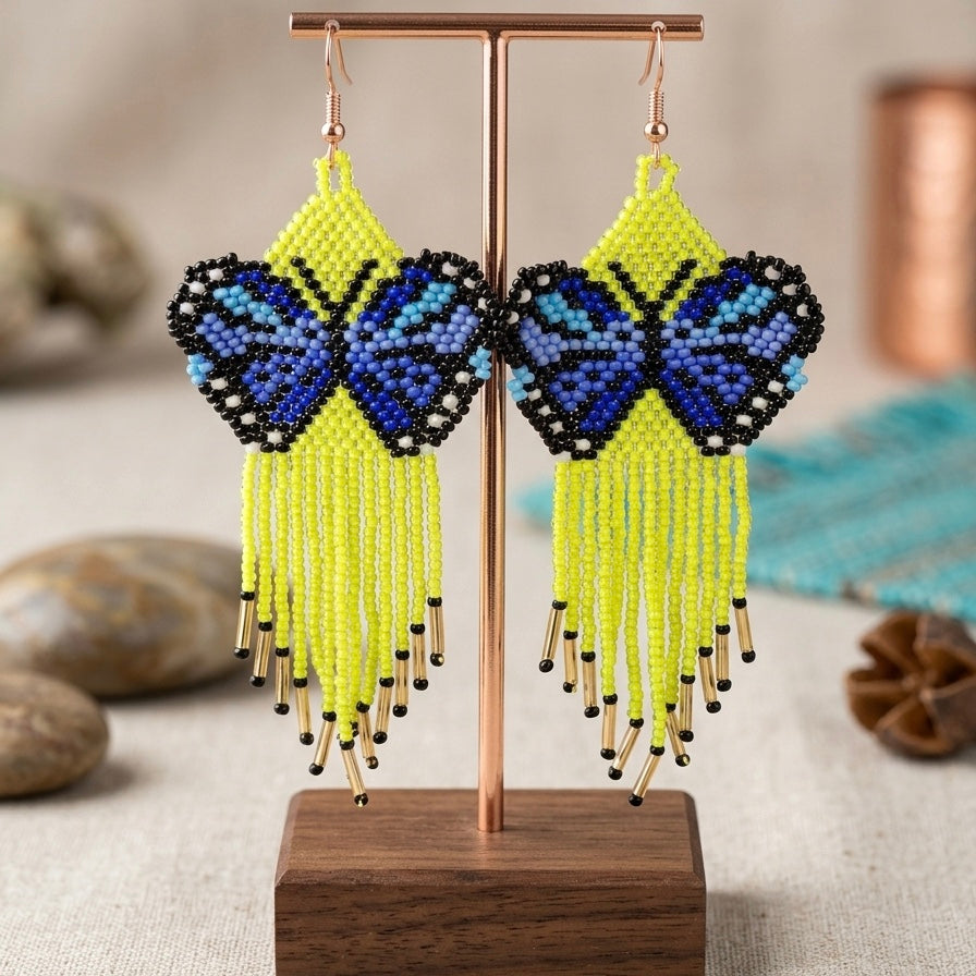 Green Beaded Dancing Wing Earrings-3
