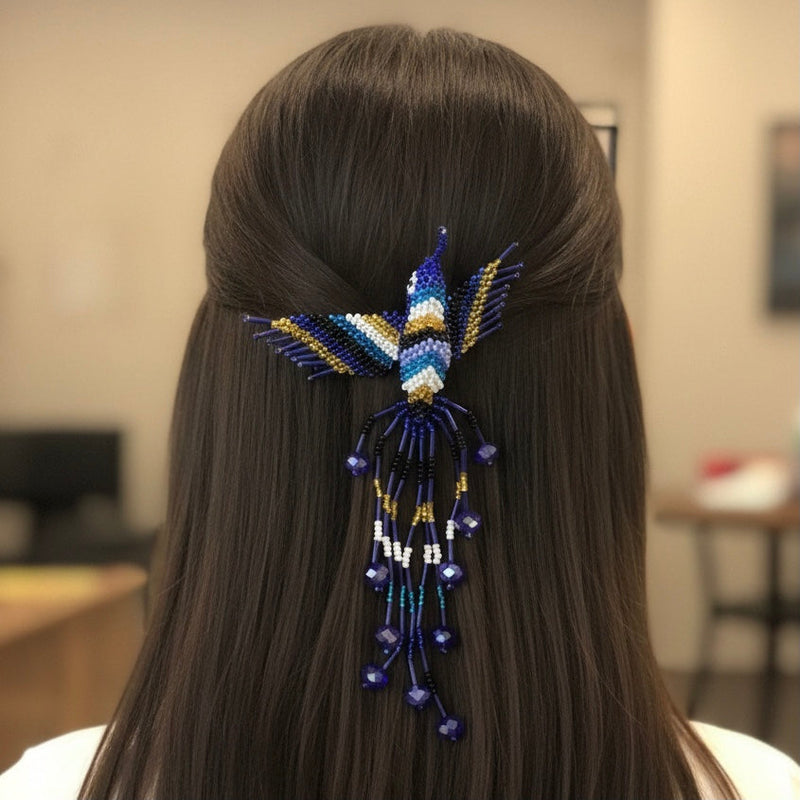 Dark blue white black Hummingbird Barrette with Fringes-1