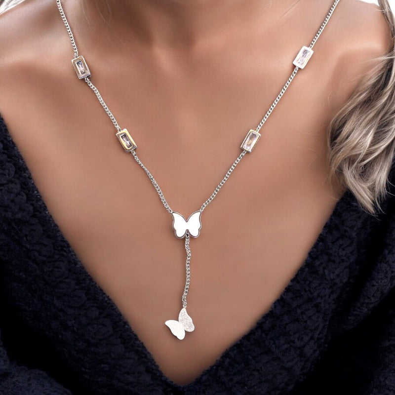 Butterflies Stainless Steel Necklace Pendants With Long Chain-1