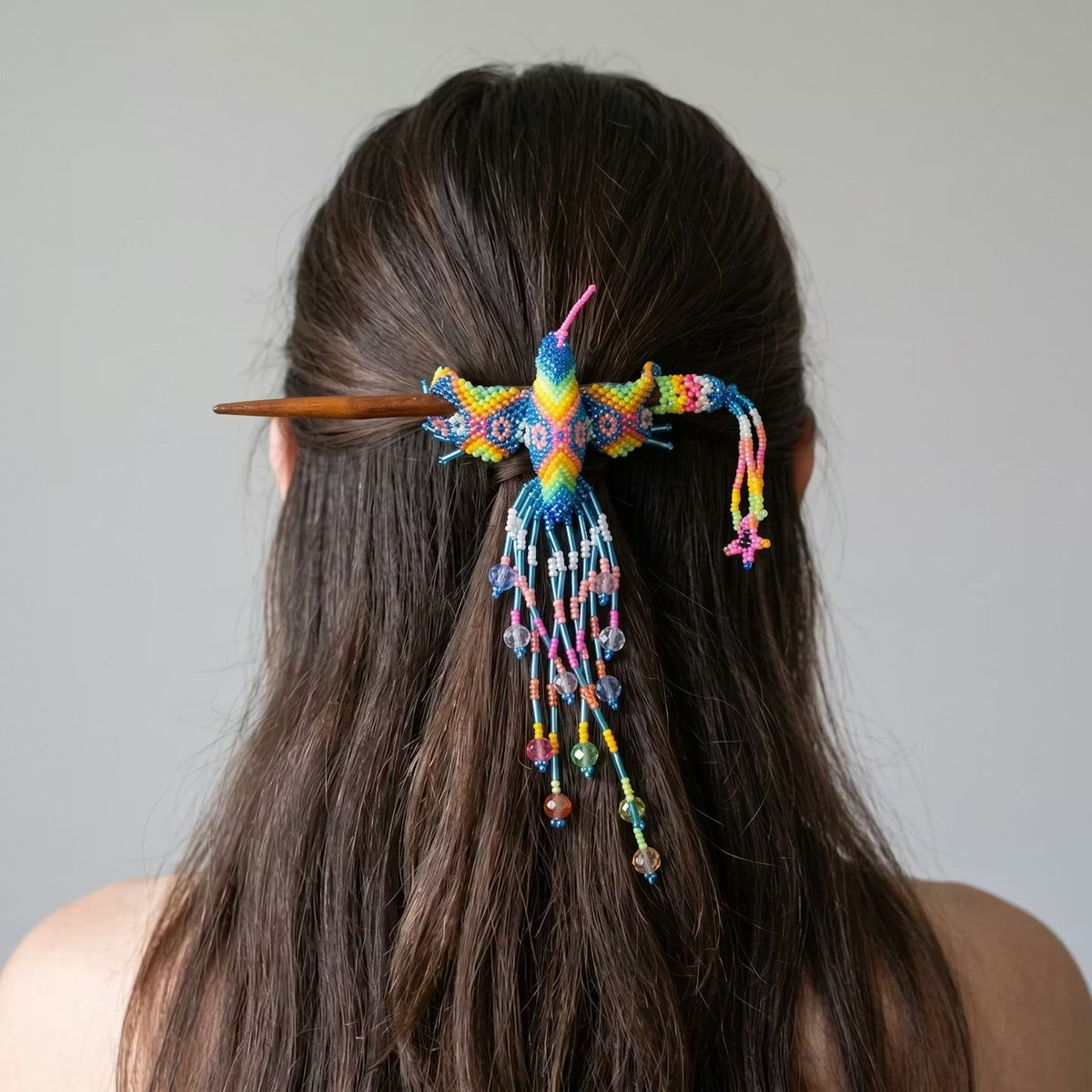 Blue Hummingbird Beaded Hair Stick-4