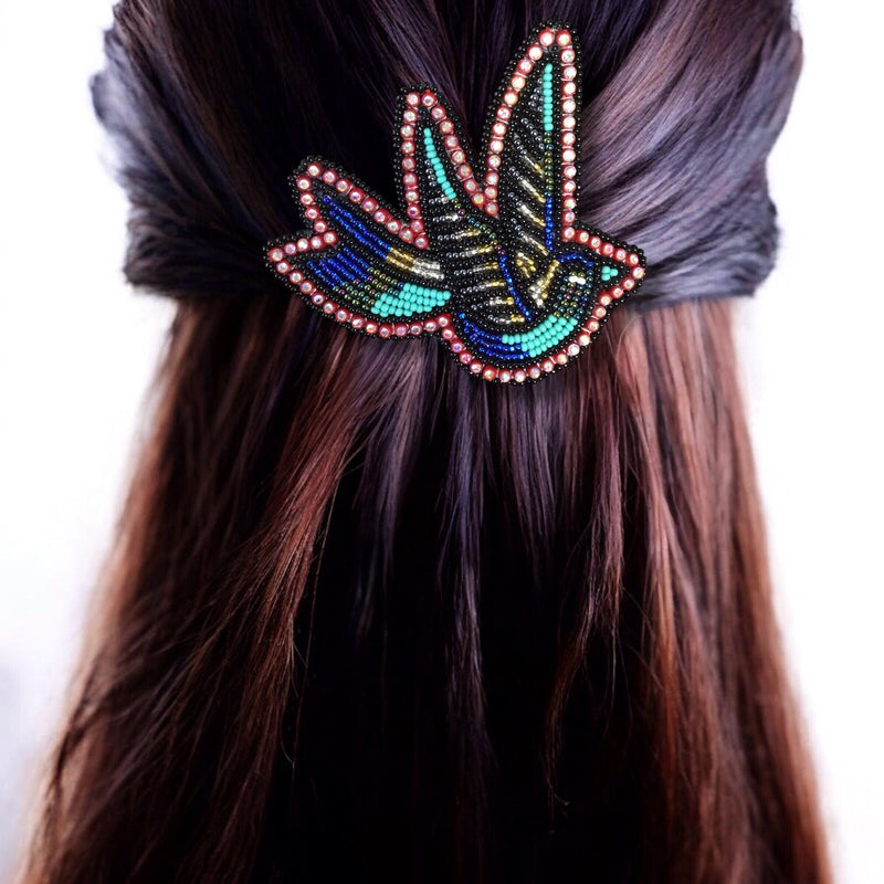 Sky Blue Beaded Hummingbird Barrette-1