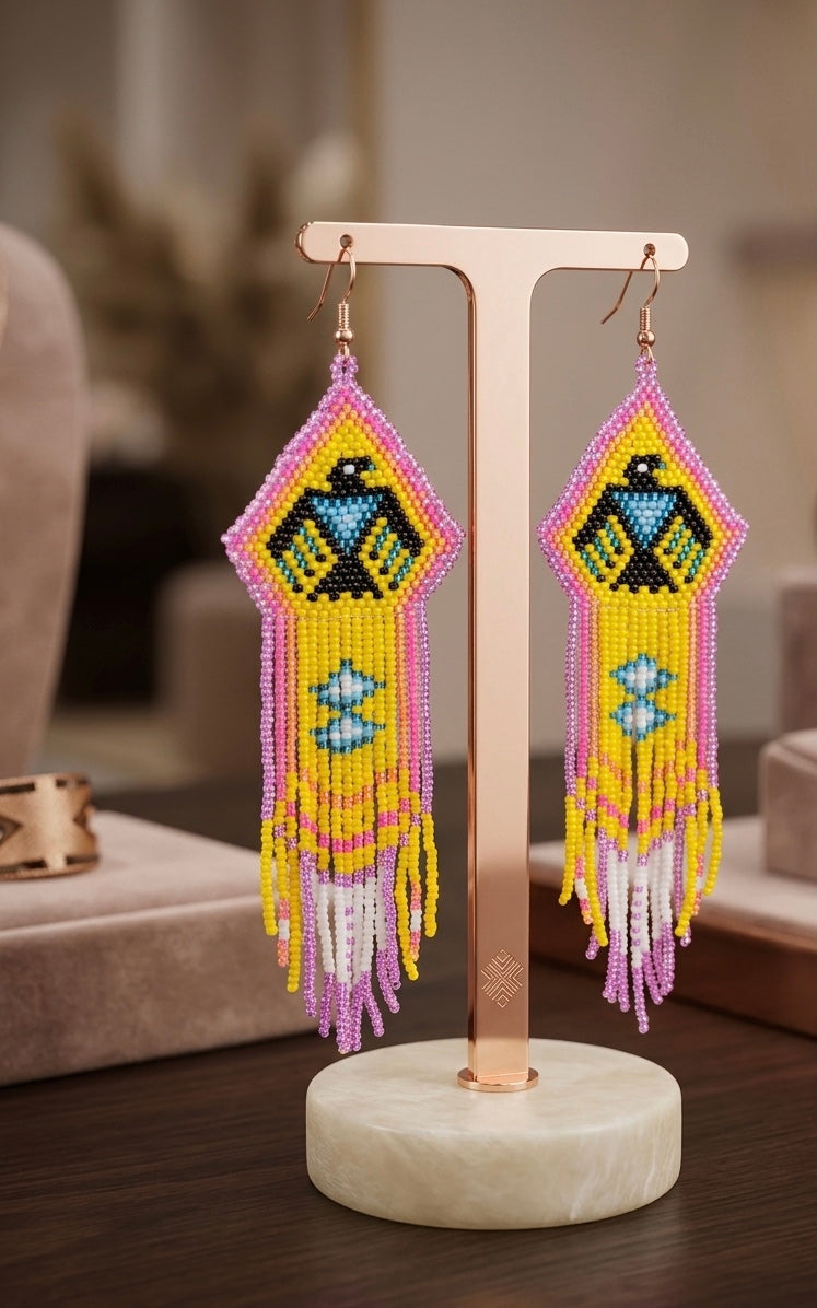 Beaded thunderbird earrings yellow / purple-2