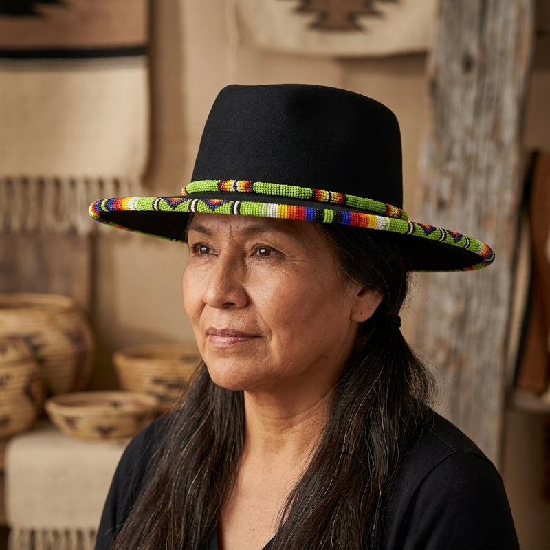 Size-57 Beaded Flat-Brim Felt Hat(BLACK)-1