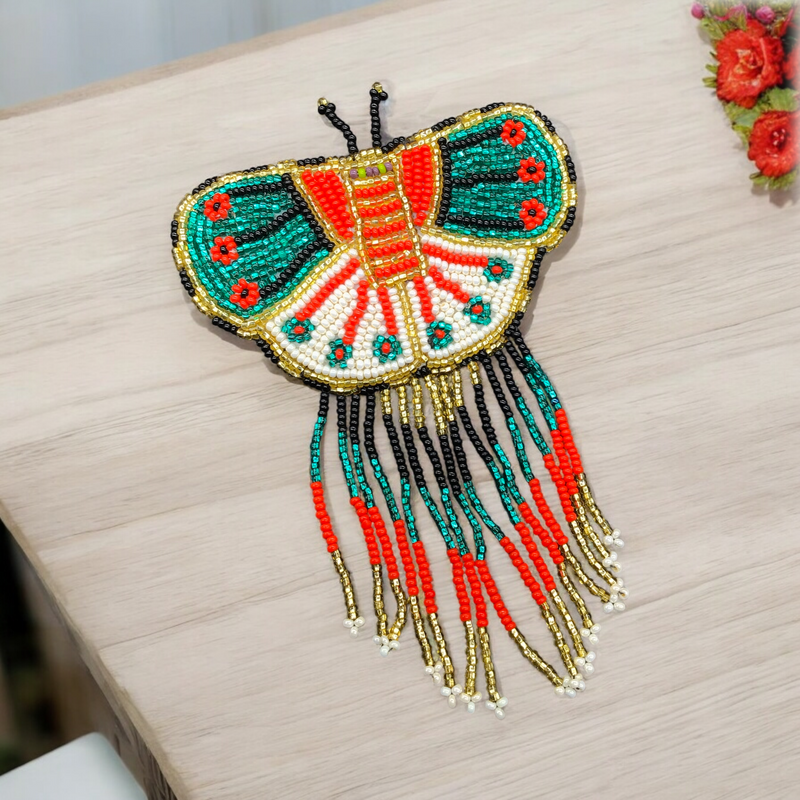 Butterfly Beaded Barrettes with Fringes Green & White-2