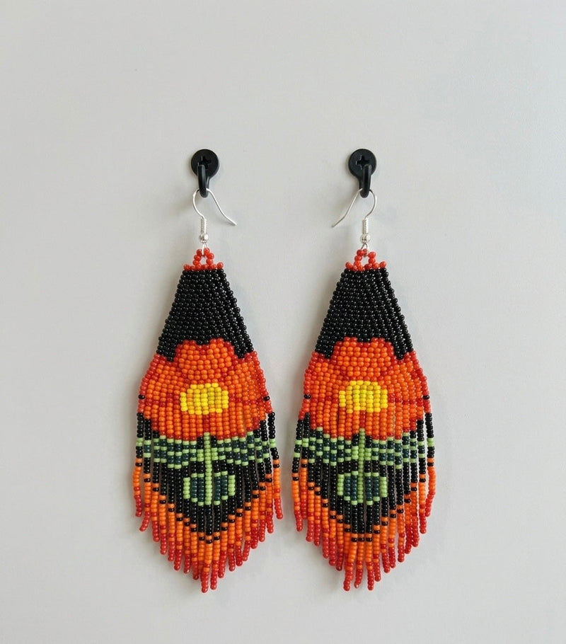 Flower Beaded Earrings ( Orange )-1